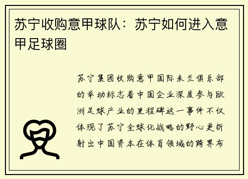苏宁收购意甲球队：苏宁如何进入意甲足球圈
